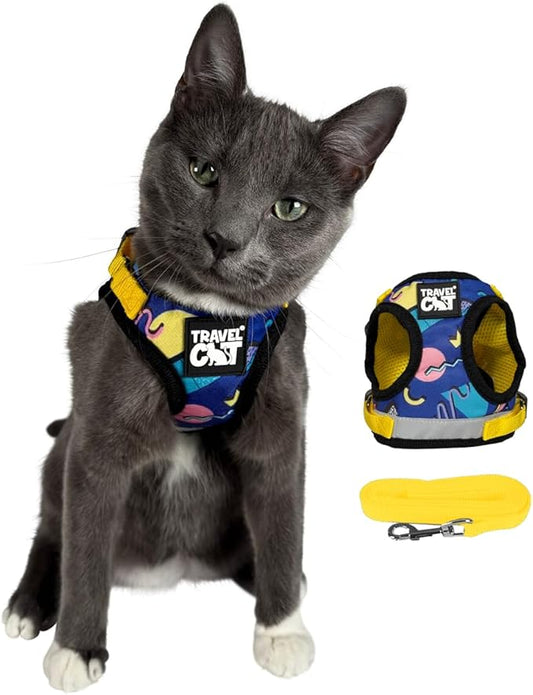 Travel Cat Harness and Leash Set - Adjustable Fit Mesh Cat Harness and Reflective Strap - Comfort Escape Proof Harness for Cats, Kitten for Outdoor Walking, Hiking (X-Small, 90s Cat)
