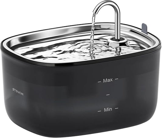 Stouchi Cat Water Fountain 85oz/2.5L, Stainless Steel Faucet Pet Water Fountain for Cats Inside with Led Light, Automatic Cat Water Dispenser Bowl, Cat Waterer Fountain for Multiple Pets, Black