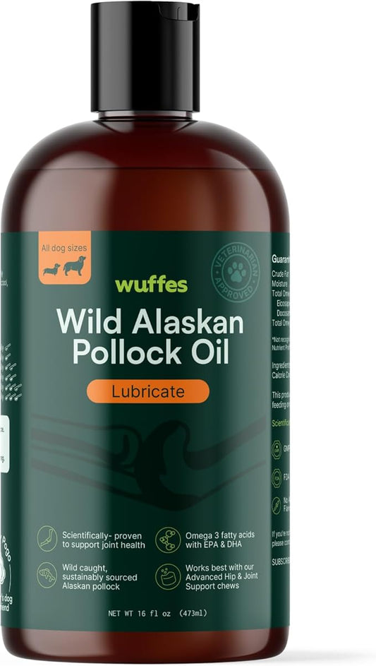 Wuffes Wild Alaskan Pollock Oil for Dogs - Natural EPA & DHA Fatty Acids, Omega 3 for Dogs, Supports Healthy Skin & Coat, Joint Nutrition, and Immune System - 100% Pure Fish Oil (16 Oz, Pollock Oil)