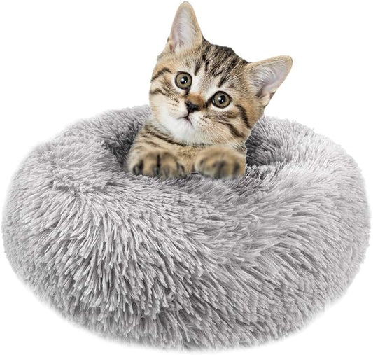 otoez Kitten Puppy Bed Small Round Dog Cat Beds Anti Anxiety Plush Pet Calming Donut Bed with Non-Slip Waterproof Bottom, Washable (19.7", Light Grey)