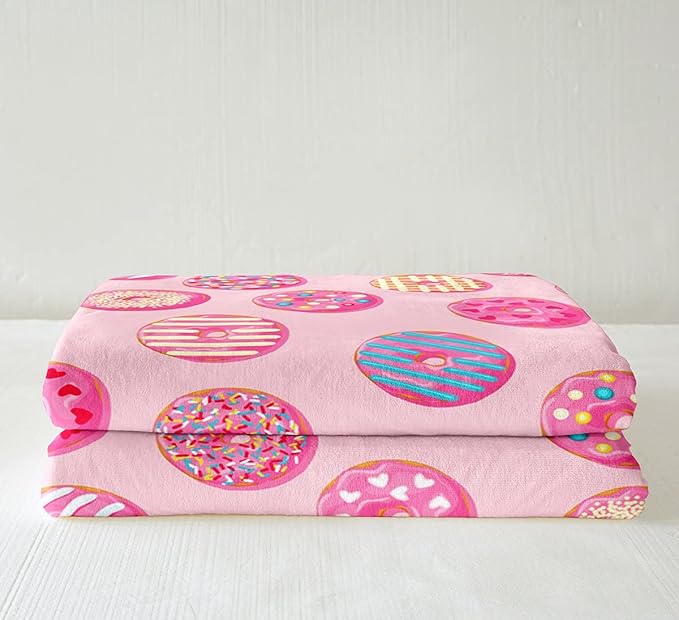 Feelyou Girls Donuts Blanket Pink Chocolate Doughnut Throw Blanket Whimsical Dessert Fleece Blanket for Couch Bed Sofa Decor Bright Kawaii Food Sherpa Blanket Fuzzy Blanket Queen 90"x90"