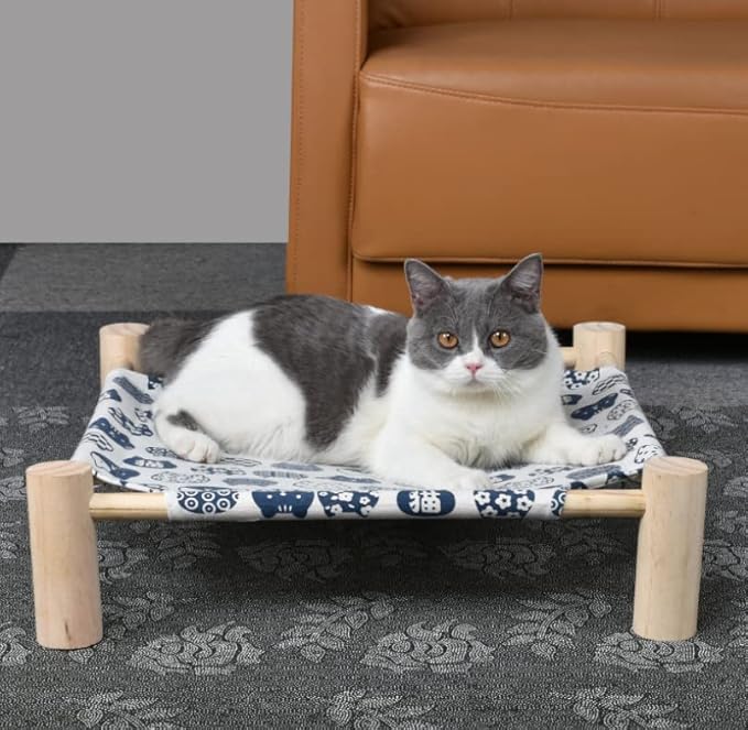 TUSATIY Cat Wooden Hammock Bed, Pine Wood, Elevated Pet Sleeping, Breathable, Removable, Washable, Anti-Moisture, Stable Support, 39 lbs