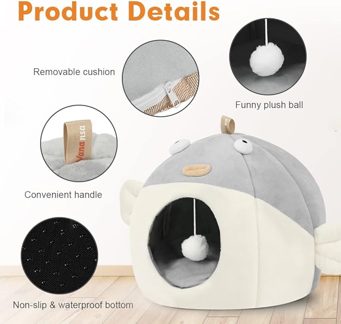 Vanansa Cat Bed for Indoor Cats, Soft Premium Pet Bed, No Deformation, Anti-Slip Bottom, Great Medium Cat Houses for Indoor Cats, Roomy Cat Tent for Indoor Cats 4-8LB, Light Grey, Medium (15" x 12")