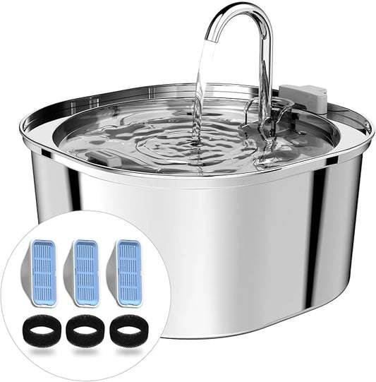 Cat Water Fountain, 3.2L/108oz Stainless Steel Pet Water Fountain for Cats/Dogs Indoor, Dog Drinking Dispenser Metal Kitty Spout with 3 Replacement Filters