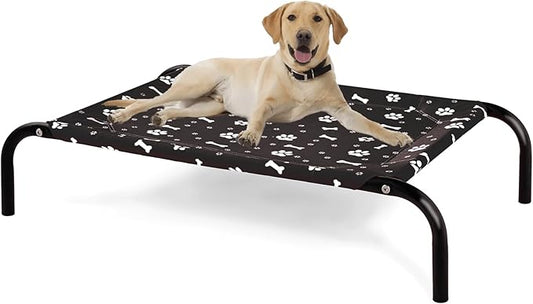 Elevated Dog Bed with Metal Frame, Raised Dog Bed with Waterproof Mesh, Dog Cot with No-Slip Rubber Feet, Portable Pet Bed. M(43.3" L x 26" W x 8" Th) Black