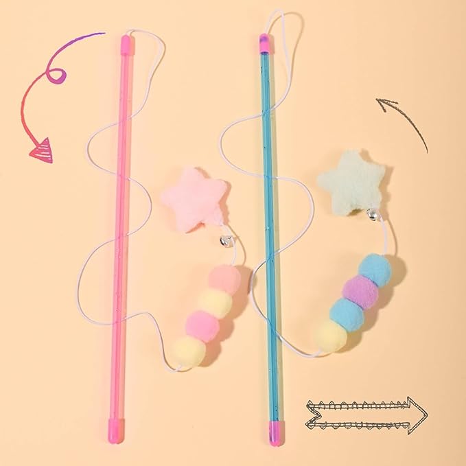Pink Cat Stick Toy Elastic Rope Plush Ball Star Pendant Bite-Resistant Comfortable Grip Relieve Boredom Handmade Kitten Teaser Wand Cat Mice and Animals Toys