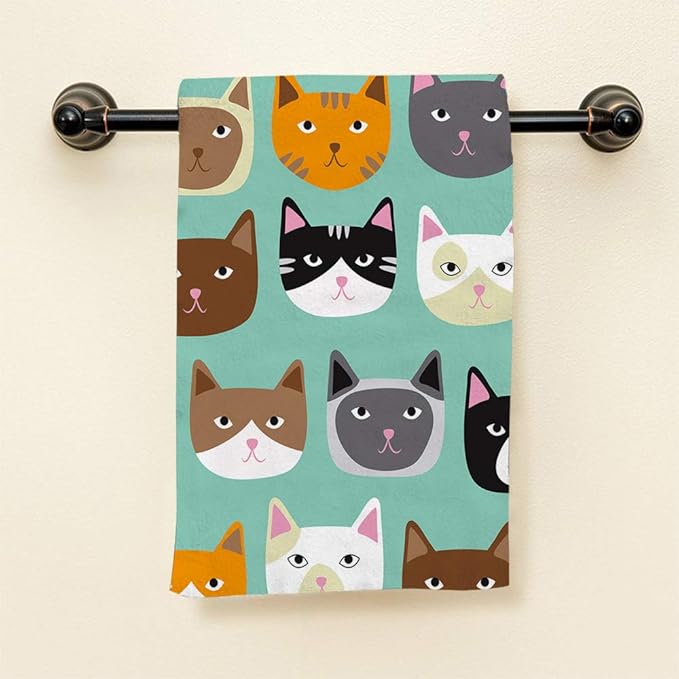 HGOD DESIGNS Cat Hand Towels, Cartoon Curte Cat Face Pattern 100% Cotton Soft Bath Towels 15'X30'