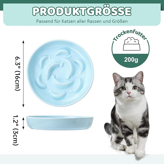 Ceramic Cat Slow Feeder Bowl - Pastel Series Slow Feeding Cat Bowl - Cute Maze Cat Food Plate for Healthy Eating - Fun Cat Puzzle Feeder Dish - Dishwasher Safe - 6.3''W x 1.2''H - 7 OZ - Pale Blue