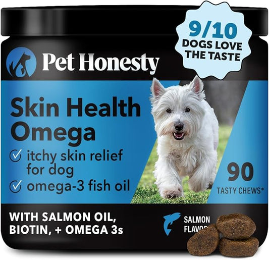 Pet Honesty Omega Skin Health Chews for Dogs, Alaskan Salmon Oil, Omega-3 Fish Oil, Krill, Spirulina, Omega-3s, Healthy Skin & Coat, Itchy Skin, Dog Allergies, May Reduce Shedding (90 Count)
