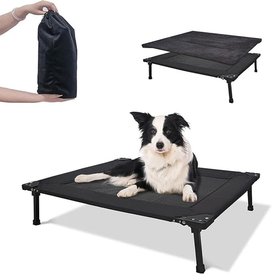 Pozico Foldable Outdoor Dog Bed Cooling Elevated Dog Cot with Metal Frame,Portable Camping Dog Bed,Breathable Mesh,Large/Medium Dogs Cats Pets Bed,Indoor and Outdoor Use,Black-L