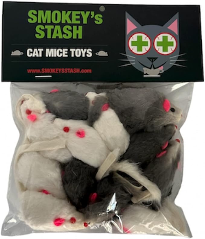 Smokey's Stash Rabbit Fur Mouse Cat Toy 24 per Pack White and Gray Fuzzy Toys for Cats with Rattle Realistic Fake mice (24)