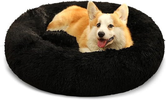 Dog Bed Calming Dog Beds for Small Medium Large Dogs - Round Donut Washable Puppy Dog Bed, Anti-Slip Faux Fur Fluffy Donut Cuddle Anxiety Cat Pet Bed(28'' Black)