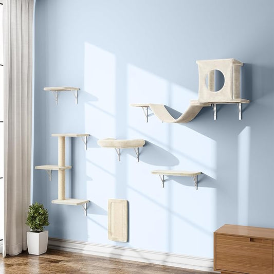 Wall Mounted Cat Furniture, 6pc Cat Wall Furniture, Cat Climber with Cat House, Bridge, Tree, Steps, and Scratcher, DIY Cat Walls Playground, Cat Shelves for Indoor Wall Furniture Set - White
