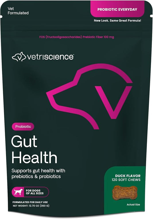 VetriScience Gut Health Chews, Probiotic Everyday Digestive Supplement for Dogs, Digestion Support, Gas & Diarrhea, Immune Support, 1 Billion CFU Per Chew, Duck, 120 Count