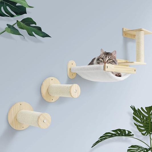 SONGWAY Cat Shelves and Perches for Wall - Wall Mounted Cat Shelf with 2 Sisal Cat Steps, Perches and Cat Hammock, Wooden Cat Bed & Furniture for Indoor Cats Climbing, Lounging, Scratching