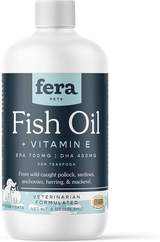 Fera Pet Organics Omega 3 Fish Oil with Vitamin E for Dogs & Cats, Vet Created Supplement to Boost Immune System, Support Brain Function, Nourish Skin and Coat of Pets, 8 Oz, 48 Servings
