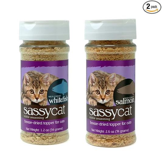 Herbsmith Sassy Cat Kibble Seasoning – Freeze Dried Whitefish – Cat Food Topper for Picky Eaters [Bundle, Whitefish & Salmon]