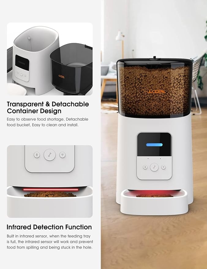 WOPET 6L Automatic Cat Feeder, WiFi Automatic Dog Feeder with APP Control for Remote Feeding, Automatic Cat Food Dispenser with Low Food Sensor and Voice Recorder, Up to 15 Meals Per Day