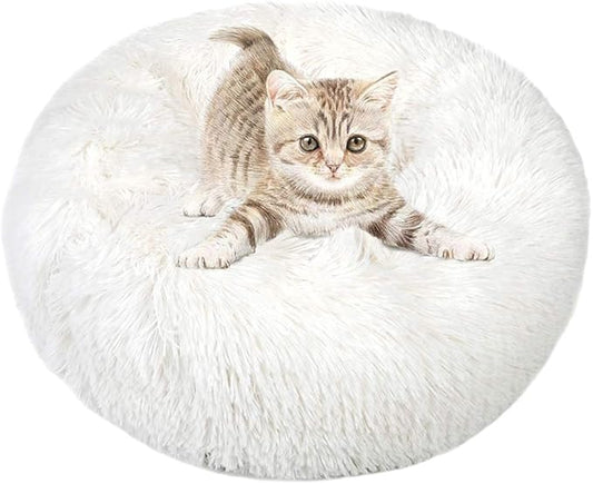 otoez Kitten Puppy Bed Small Round Dog Cat Beds Anti Anxiety Plush Pet Calming Donut Bed with Non-Slip Waterproof Bottom, Washable (19.7", White)