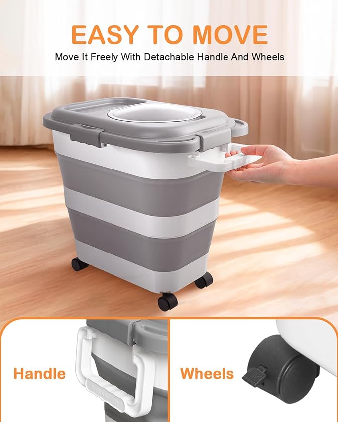 25-28 Lbs Dog Food Storage Container with Handle, Collapsible Dog Food Container with Airtight Lids, Wheels, Large Pet food storage Container for Dog Cat, Dog Food Scoop, Dog Food Bowl