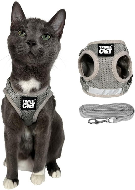 Travel Cat Harness and Leash Set - Adjustable Fit Mesh Cat Harness and Reflective Strap - Comfort Escape Proof Harness for Cats, Kitten for Outdoor Walking, Hiking (Small, Grey)