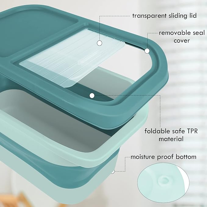 Pet Food Storage Containers, Collapsible Dog Food Container with Sliding Lid,13lb Cat Food Storage with Measuring Cup & Scoop, Plastic Dog Food Bin（green）