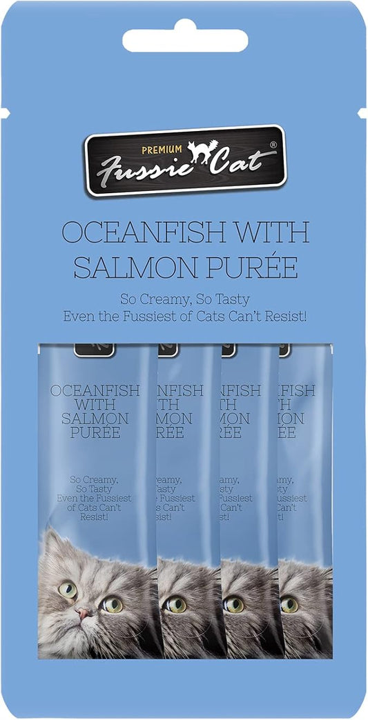 Fussie Cat Ocean Fish and Salmon Puree, lickable cat Treats, 0.5oz Pouch Pack of 4