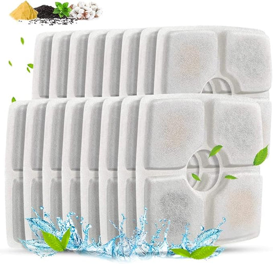 Comsmart Pet Fountain Filter Set, 3 Triple Filtration System Replacement Cat Water Fountain Filters for Square 84oz/2.5L Automatic Pet Fountain Cat Water Fountain (Pack of 16)