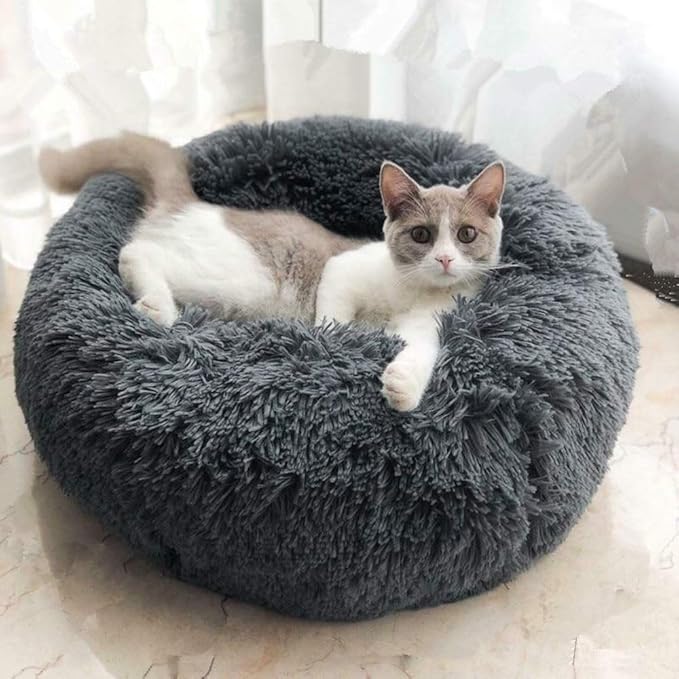 otoez Kitten Puppy Bed Extra Small XS Round Dog Cat Beds Anti Anxiety Plush Pet Calming Donut Bed with Non-Slip Waterproof Bottom, Washable (15.7", Dark Grey)