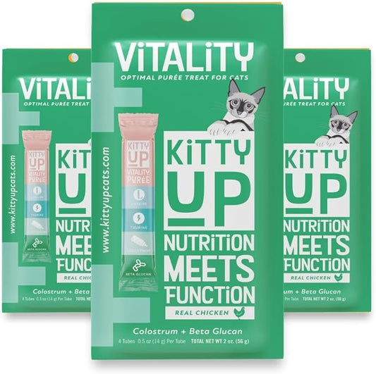 Vitality- Lickable Cat Treat Pouches for Indoor Cats - All Natural Chicken Puree Tube Treats - Kitten and Senior Soft Wet Cat Food - Grain Free, Lysine, Taurine; 12 Tubes .05 oz ea.