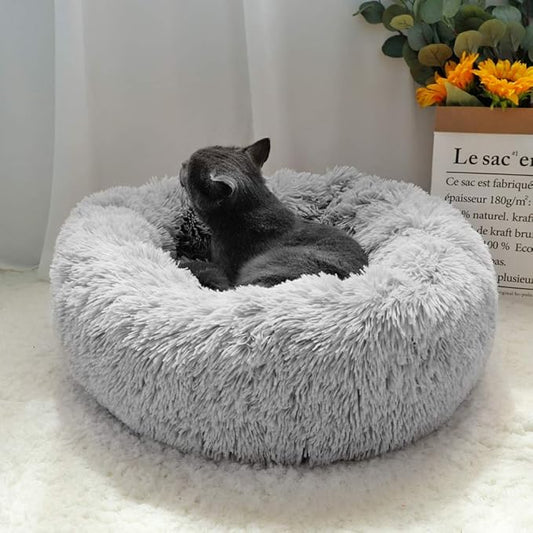 otoez Round Donut Dog Bed for Medium Dogs, Washable Calming Dog Bed Cuddler Anti Anxiety Fluffy Dog Cat Bed with Non-Slip Waterproof Bottom (31.5", Light Grey)