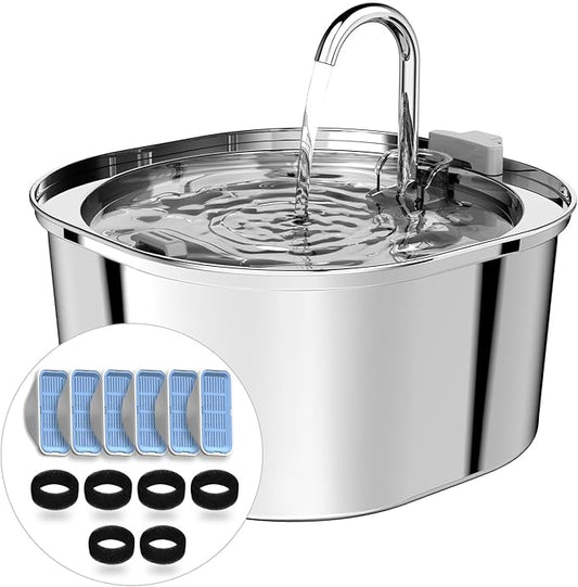 Cat Water Fountain, 3.2L/108oz Stainless Steel Pet Water Fountain for Cats/Dogs Indoor, Dog Drinking Dispenser Metal Kitty Spout with 6 Replacement Filters