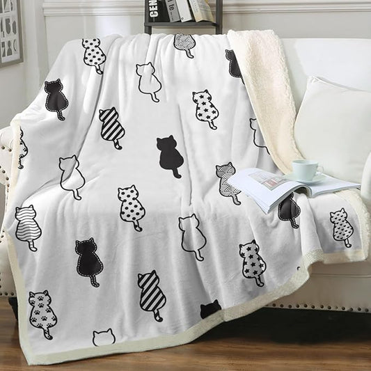Sleepwish Black White Cat Sherpa Blanket Polka Dot Star Paw Prints Fleece Throw Blanket for Kids Girls Napping Blanket for Cat Lovers, King(108"x90")