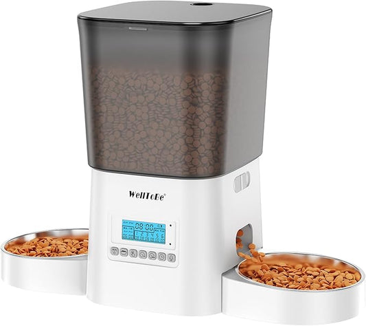 WellToBe Dual Cat Automatic Feeder for 2 Cats, Timed & Flexible Feeding, Voice Recorder, Dual Power Supply, Freshness Seal, Anti-Ant Design for Multiple Cats.