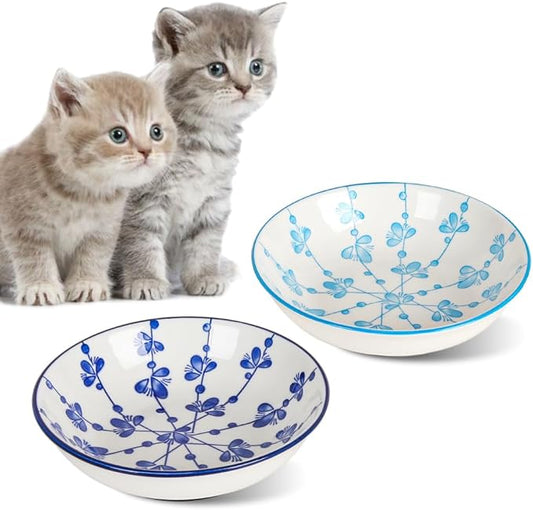 HAPPY KIT 2pcs Ceramic Cat Food Bowls Set,8.5oz Colorful Cats Dish/Dishes lndoor for Relief Whisker Friendly,5.7inch Wide Shallow Plate with Non-Slip Mat, 2 Petals