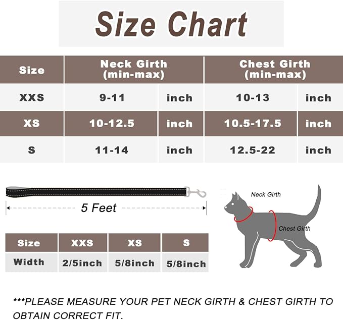Cat Harness and Leash Set for Walking Escape Proof for Small Large cat Kitten Harness with ID tag Pocket (Black,XXS)