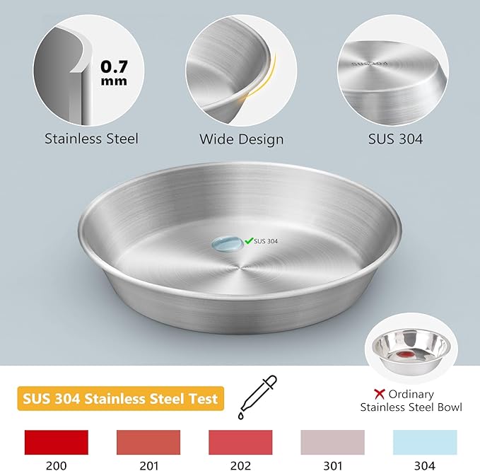 Wide Whisker Friendly Cat Dishes Set 6.7", Stainless Steel Cats Bowls, Shallow Food Bowl, Indoor Kitten Feeding Wet & Dry Food Dish to Prevent Whisker Fatigue(13 OZ) (Cat Bowls, 2 PCS)