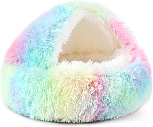 NOYAL Dog Bed Round Hooded Plush Cat Cave Donut Anti Anxiety Fluffy Dog Bed for Small Medium Dog and Cat