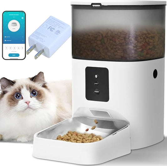 WiFi Automatic Cat Feeder, 4L Food Dispenser with 10s Voice Recorder, Pet Feeder up to 10 Meals per Day, Timed Cat Feeder with Dry Food Sealed Ring (White, 4L-WiFi)