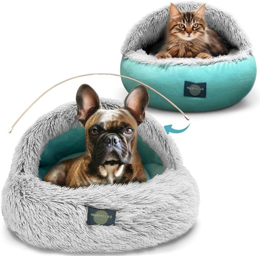 TrustyTailz Cozy Cave Dog Bed and Cat Cave Bed with Hooded Cover, Snap-in Frame, Washable and Removeable, Plush Grey Fluffy Cover Indoor Cats or Small Dog Beds, Non-Slip Base (Small)