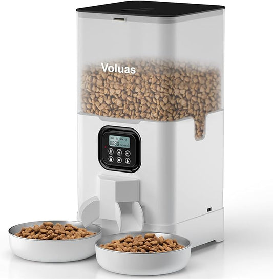 Voluas Automatic Cat Feeder for Two Cats, Double Pet Feeder with 2 Stainless Steel Bowls,6L Timed Cat Feeder with Memory Function, Pet Food Dish