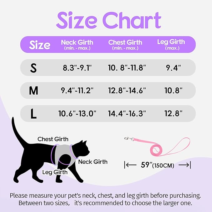 Dooradar Cat Harness and Leash Set, Escape Proof Lightweight Kitten Harness, Soft Breathable Reflective Vest for Outdoor Walking Traveling, Adjustable for Small Cats, Purple & Pink, S