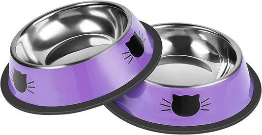 2Pcs Cat Bowls Non-Slip Stainless Steel Small Cat Food Bowls Unbreakable Thicken Cat Feeder 7 Oz Cat Dishes Suitable for Indoor Small Pets Removable Rubber Base Easily Clean Lovely Color