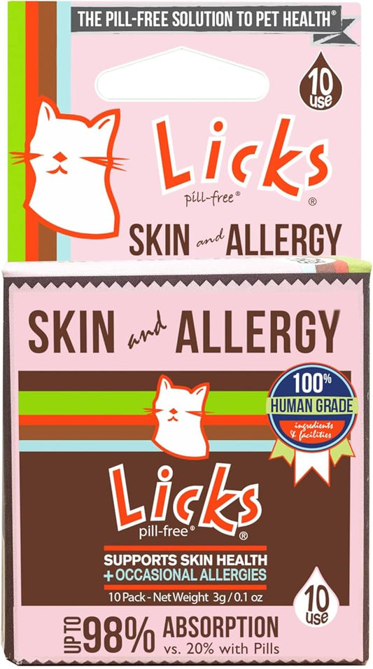 Licks Pill-Free Cat Skin and Allergy - Omega 3 Cat Allergy Relief - Cat Vitamins & Supplements for Itchy Skin - Turmeric Supplement for Cat Skin - Gel Packets - 10 Use
