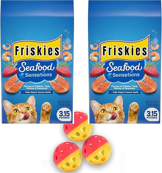 Vareity Pack Dry Cat Food Seaffood Senssations 3.15lbs Bag, Including 2 Cat Toys, 4 Pack