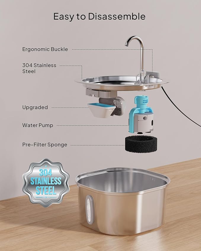 Cat Water Fountain - 3.2L/108oz Stainless Steel Pet Water Drinking Fountain for Cats Indoor, Dog Water Fountain with Water Level Window and 6 Filters + 6 Sponges