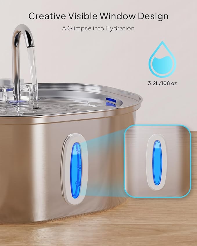 Cat Water Fountain - 3.2L/108oz Stainless Steel Pet Water Drinking Fountain for Cats Indoor, Dog Water Fountain with Water Level Window and 6 Filters + 6 Sponges