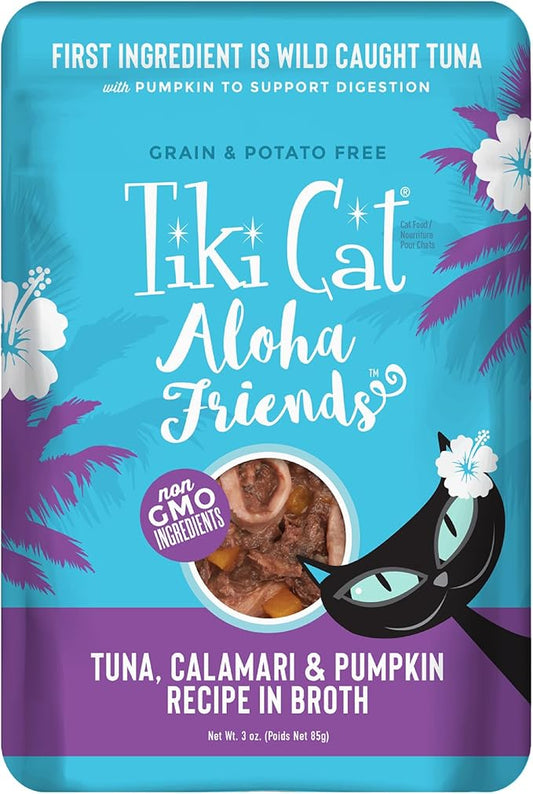 Tiki Cat Aloha Friends, Tuna, Calamari & Pumpkin, Grain-Free & High Moisture, Wet Cat Food for All Life Stages 3 oz. Pouch (Pack of 12)