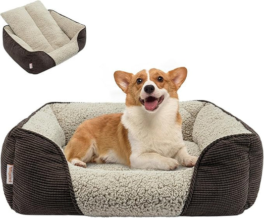 Miguel Washable Dog Bed with Removable Cushion for Medium Small Dogs, Easy to Wash Pet Sofa Bed with Side, Rectangle Bolster Cat Bed Calming Cuddle Puppy Bed with Anti-Slip Bottom, Brown 30 Inch