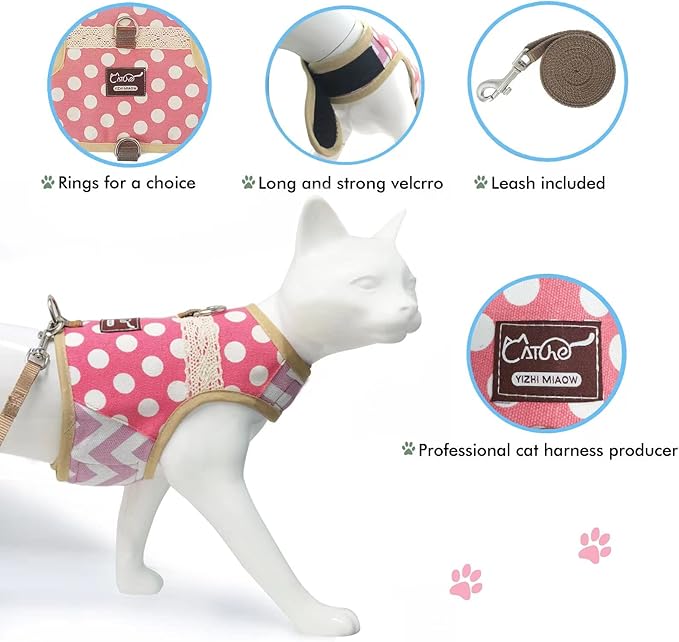 Cat Harness and Leash for Walking Escape Proof, Adjustable Cat Vest Harness, Padded Stylish Cat Walking Jackets, Polka Dot Pink, Extra Large